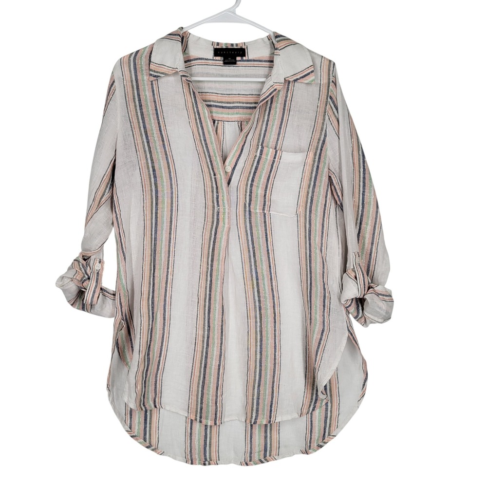 Sanctuary Linen Blend Top Blouse Metallic Stripe‎ Roll Tab Button Size XS